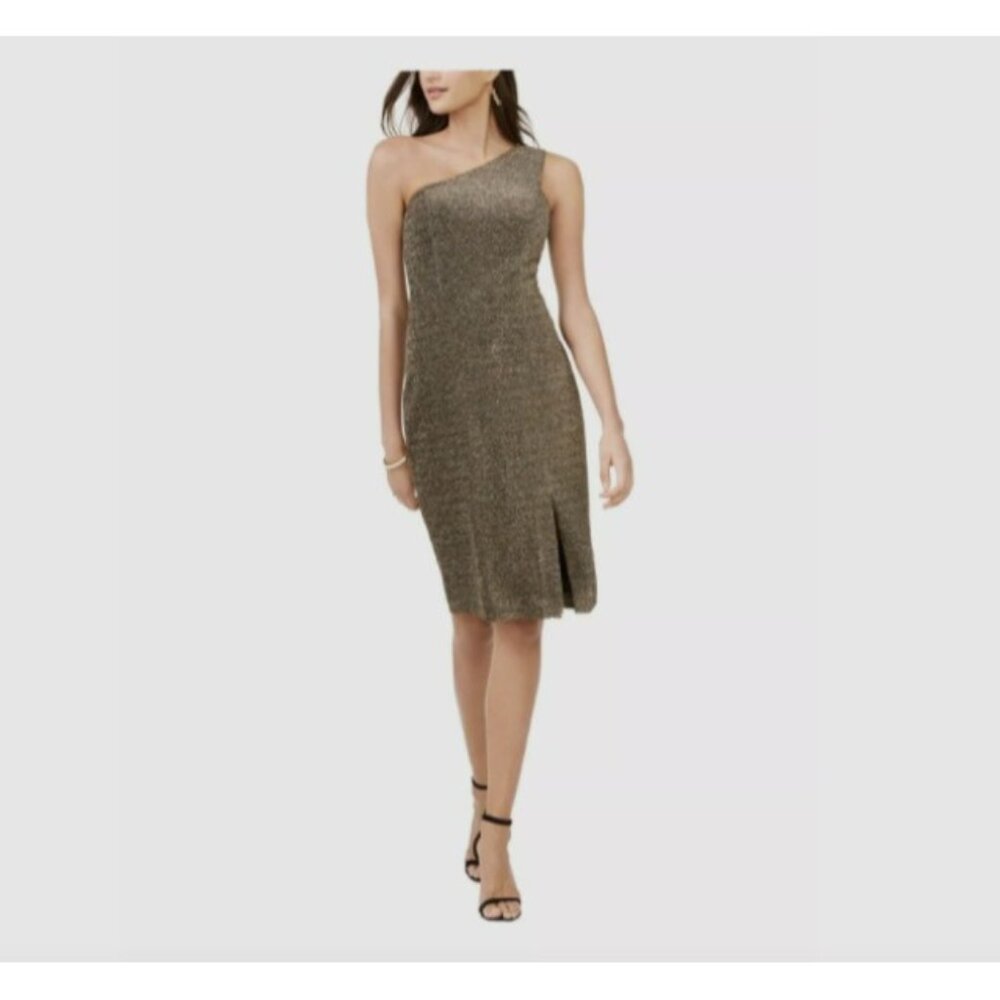 Vince Camuto One-Shoulder Glitter-Knit Dress Gold 10 New
